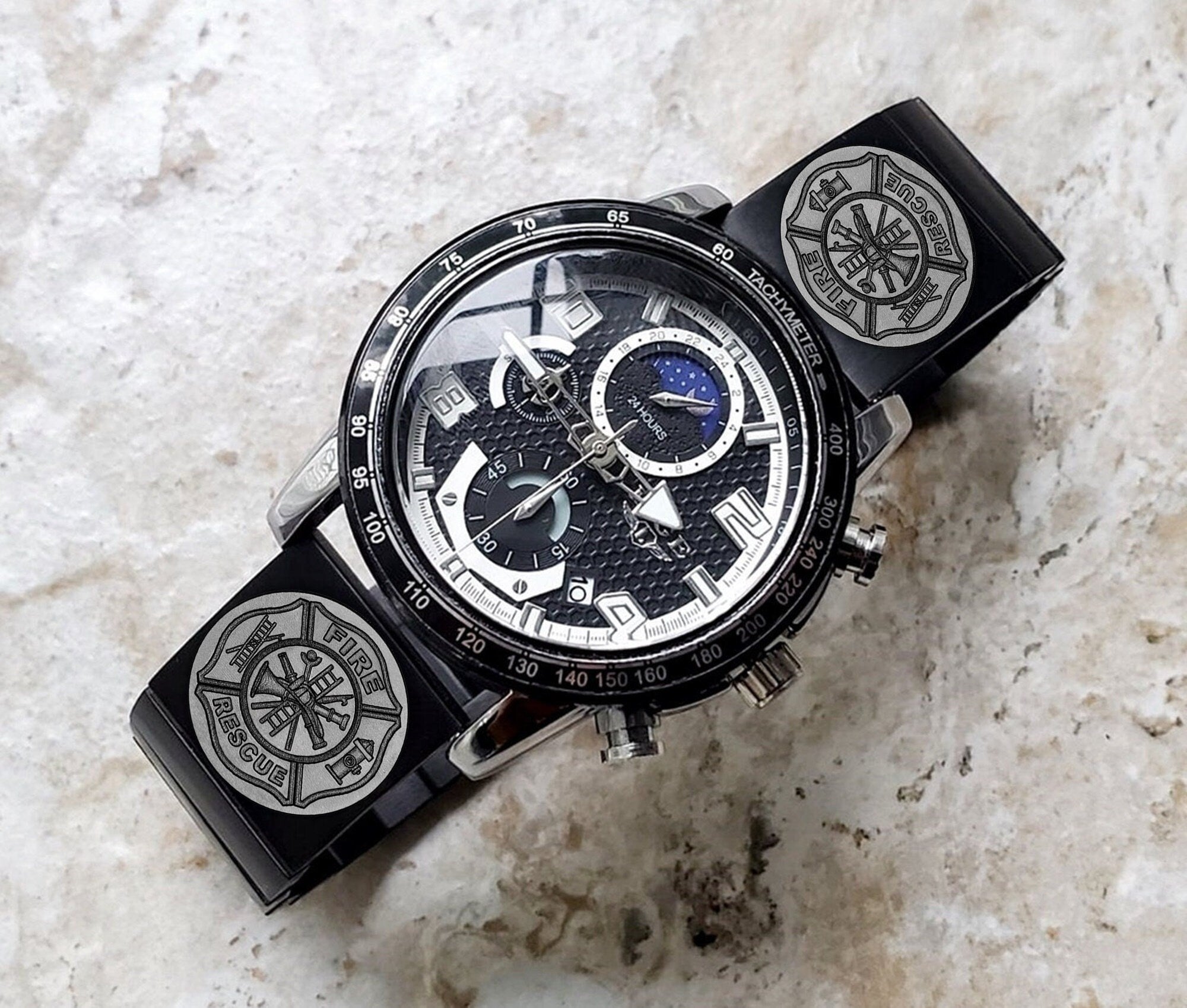 Firefighter Engraved Watch Band for 22mm Width Lugs Traditional Casual Luxury and Smartwatches Black Color Stainless Steel Strap Bracelet F1